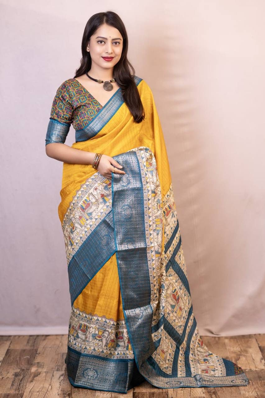 Kayatri New Graceful Kalamkari Pallu Saree with Weaving Checks & Zari Borders