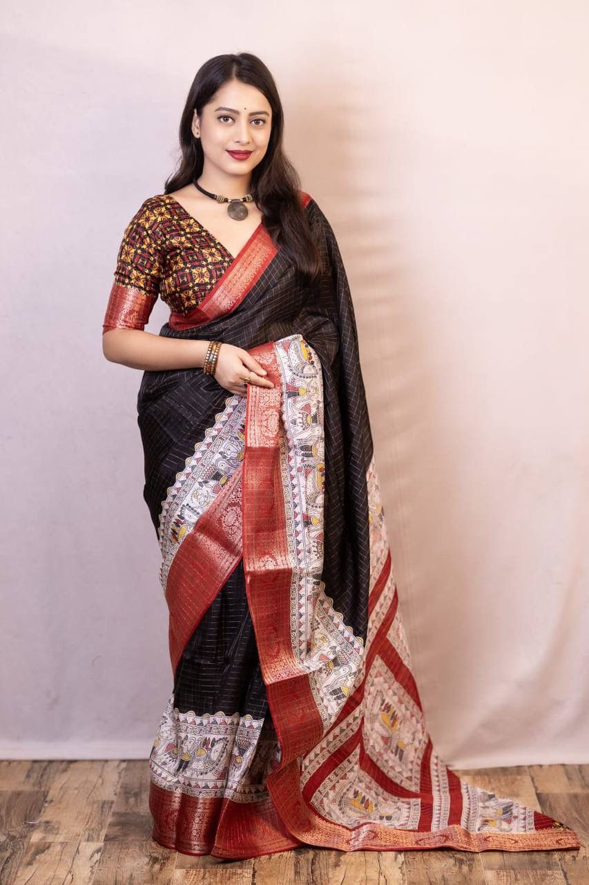 Kayatri New Graceful Kalamkari Pallu Saree with Weaving Checks & Zari Borders