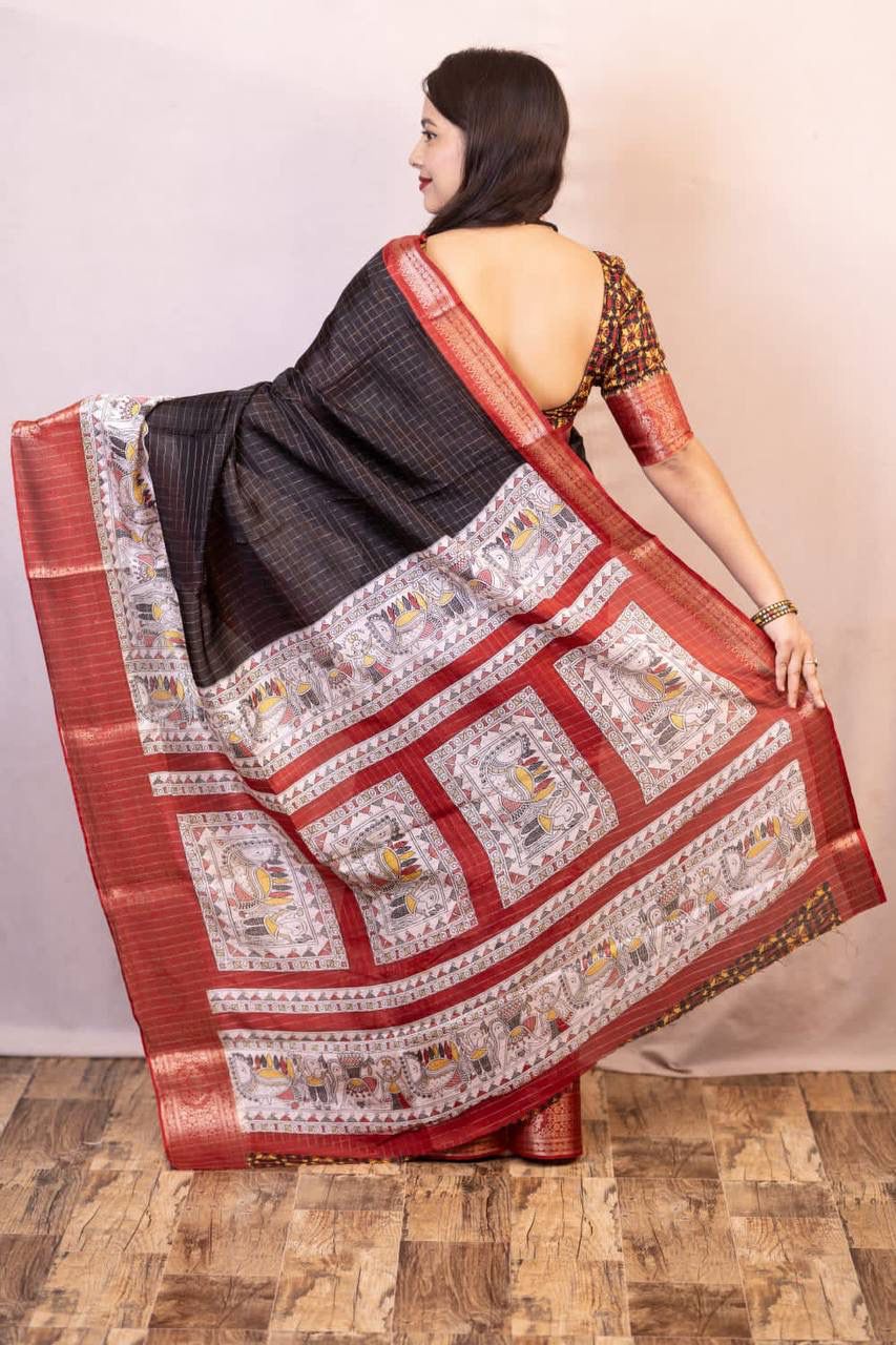 Kayatri New Graceful Kalamkari Pallu Saree with Weaving Checks & Zari Borders