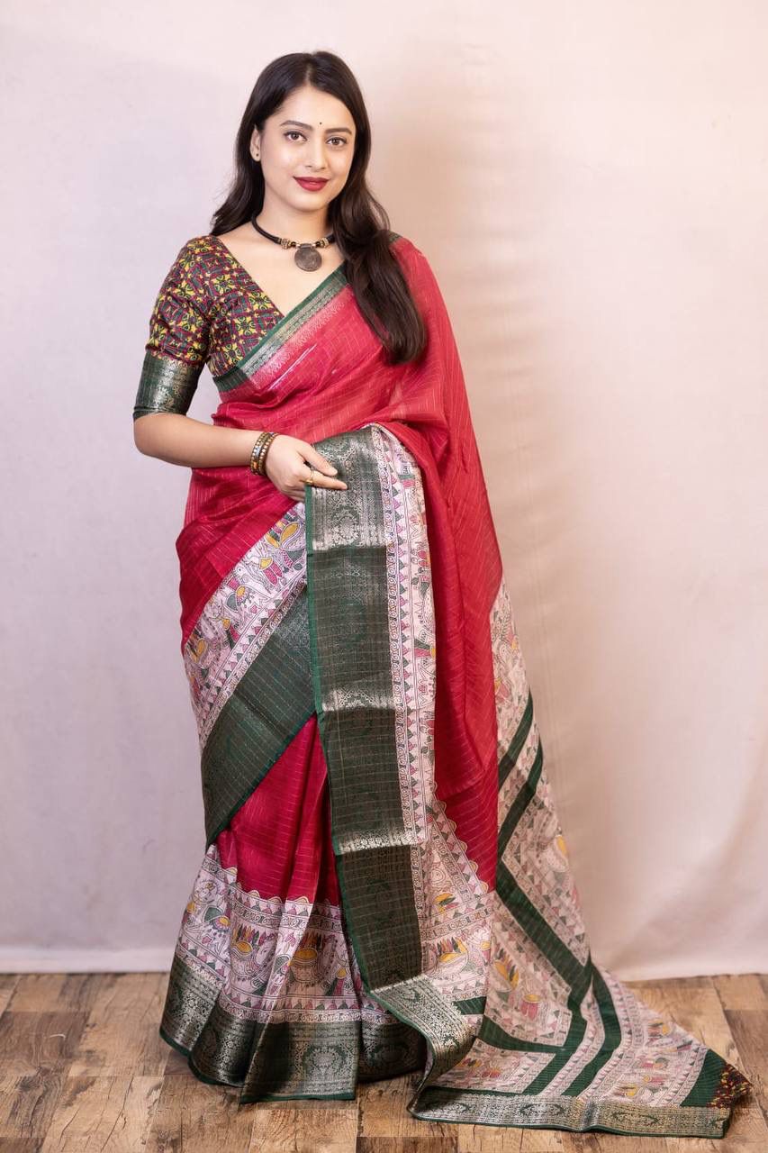 Kayatri New Graceful Kalamkari Pallu Saree with Weaving Checks & Zari Borders
