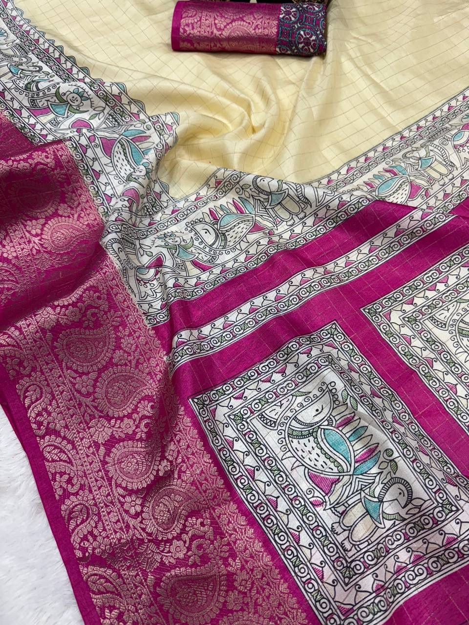 Kayatri New Graceful Kalamkari Pallu Saree with Weaving Checks & Zari Borders