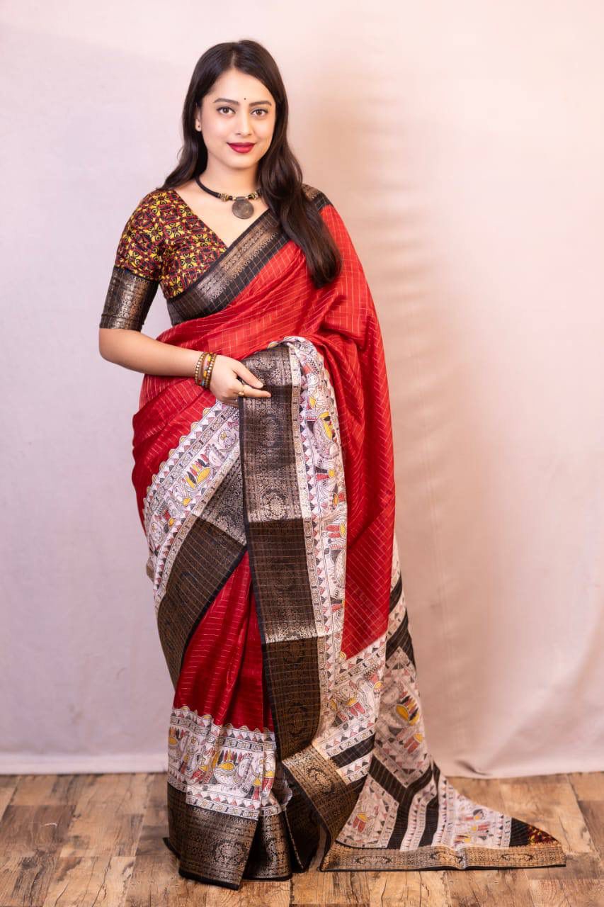 Kayatri New Graceful Kalamkari Pallu Saree with Weaving Checks & Zari Borders