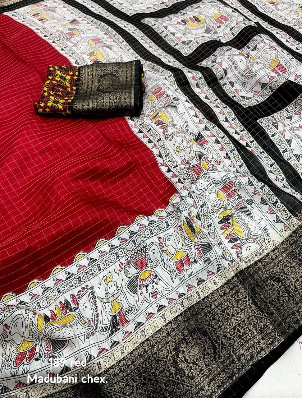 Kayatri New Graceful Kalamkari Pallu Saree with Weaving Checks & Zari Borders