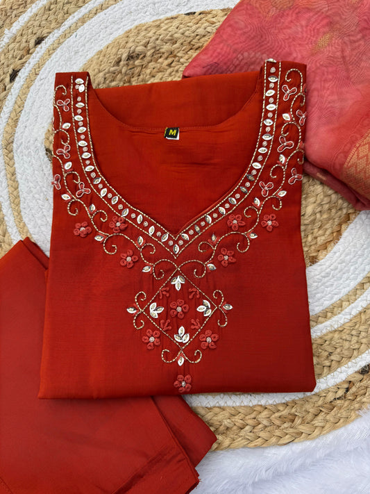 Kayatri New Elegant Roman Silk Kurti Set with Hand Work & Chanderi Digital Dupatta