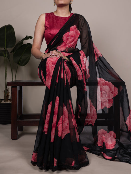 Kayatri New Trendy Chiffon Saree with Lace Border and Matching Banglory Blouse