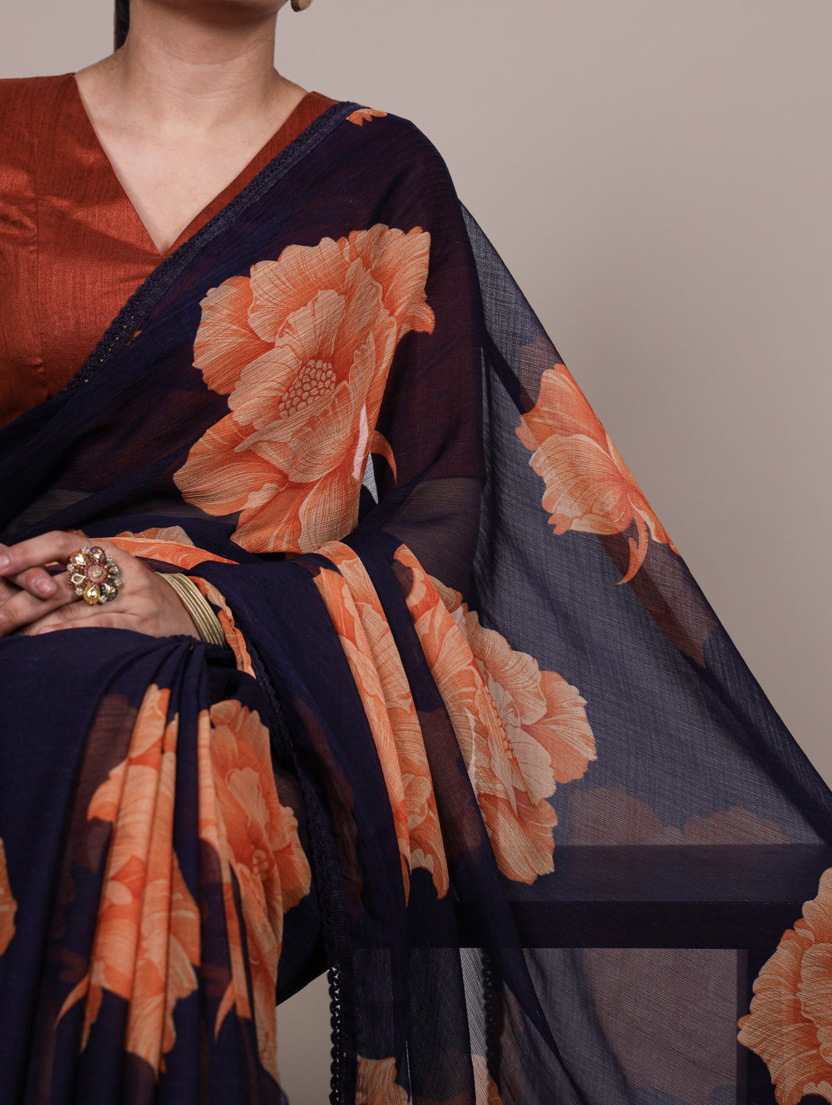 Kayatri New Trendy Chiffon Saree with Lace Border and Matching Banglory Blouse