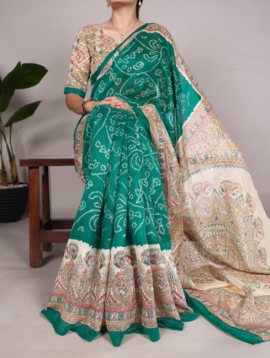Kayatri New Elegant Green Silk Saree with Madhubani & Bandhej Fusion Print