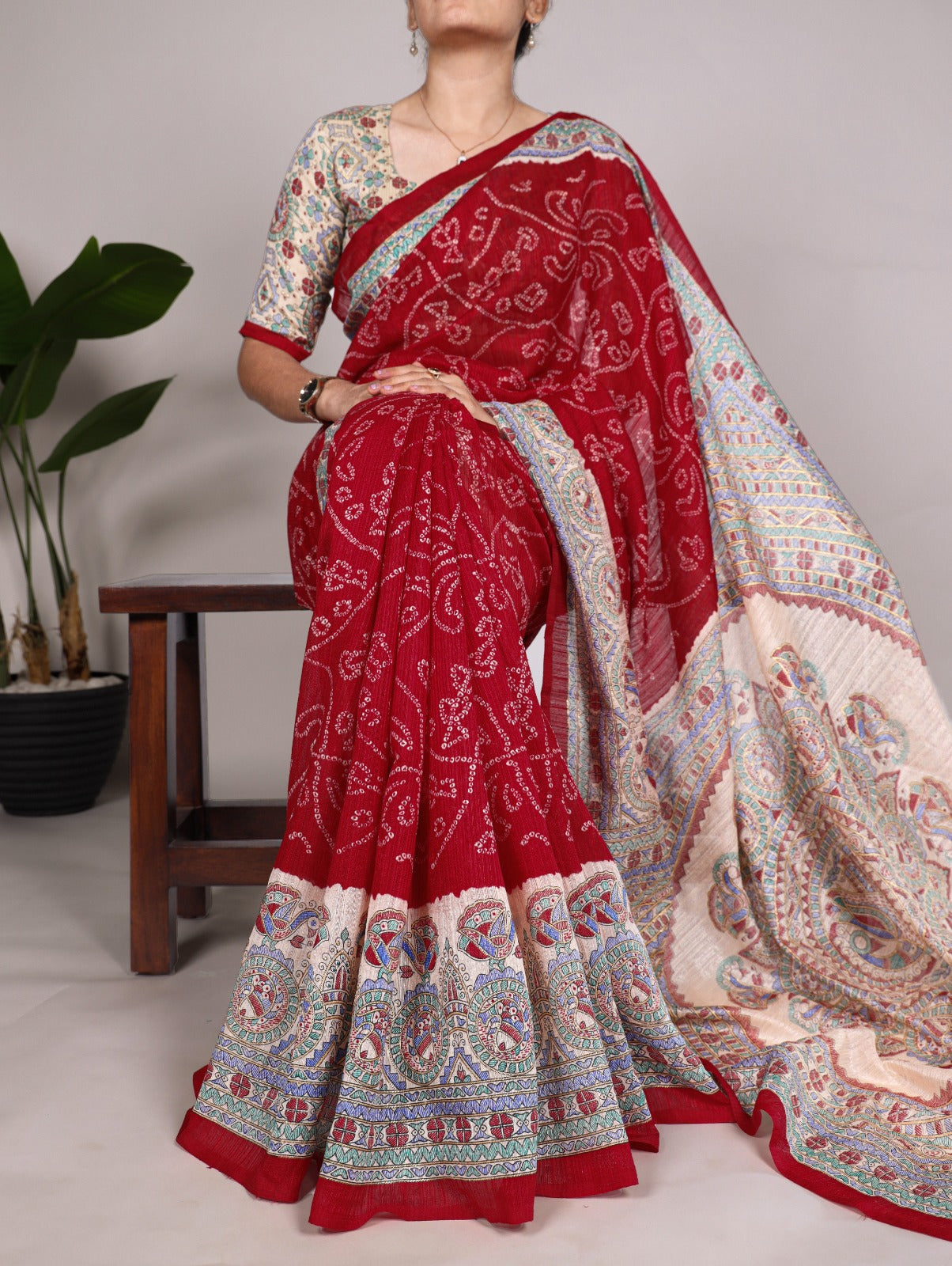 Kayatri New Elegant Green Silk Saree with Madhubani & Bandhej Fusion Print