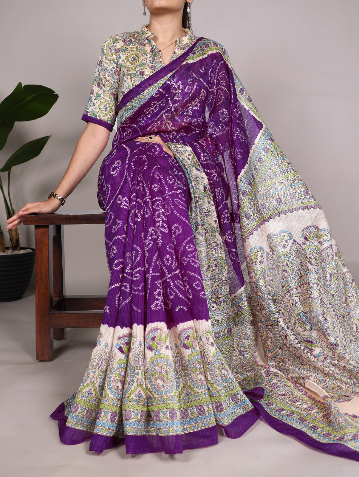 Kayatri New Elegant Green Silk Saree with Madhubani & Bandhej Fusion Print