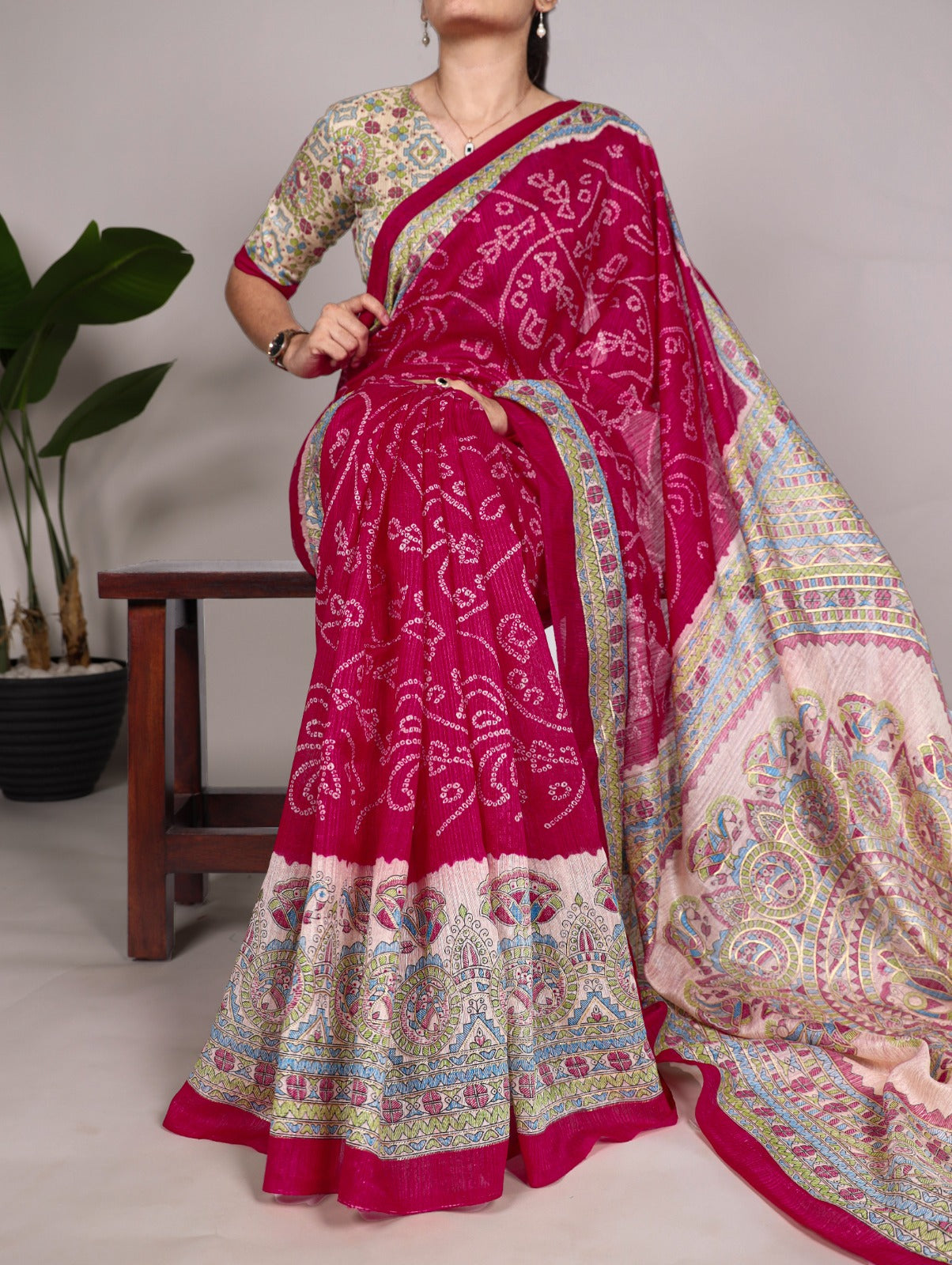 Kayatri New Elegant Green Silk Saree with Madhubani & Bandhej Fusion Print