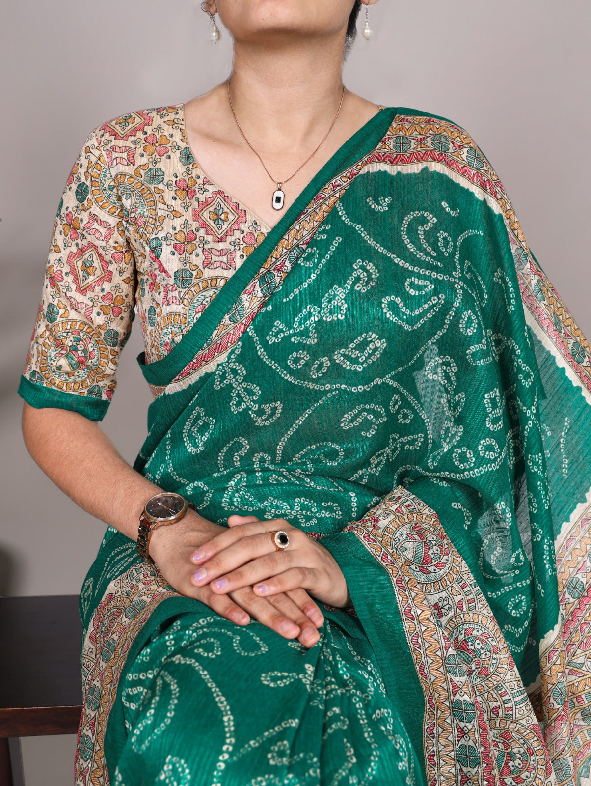 Kayatri New Elegant Green Silk Saree with Madhubani & Bandhej Fusion Print