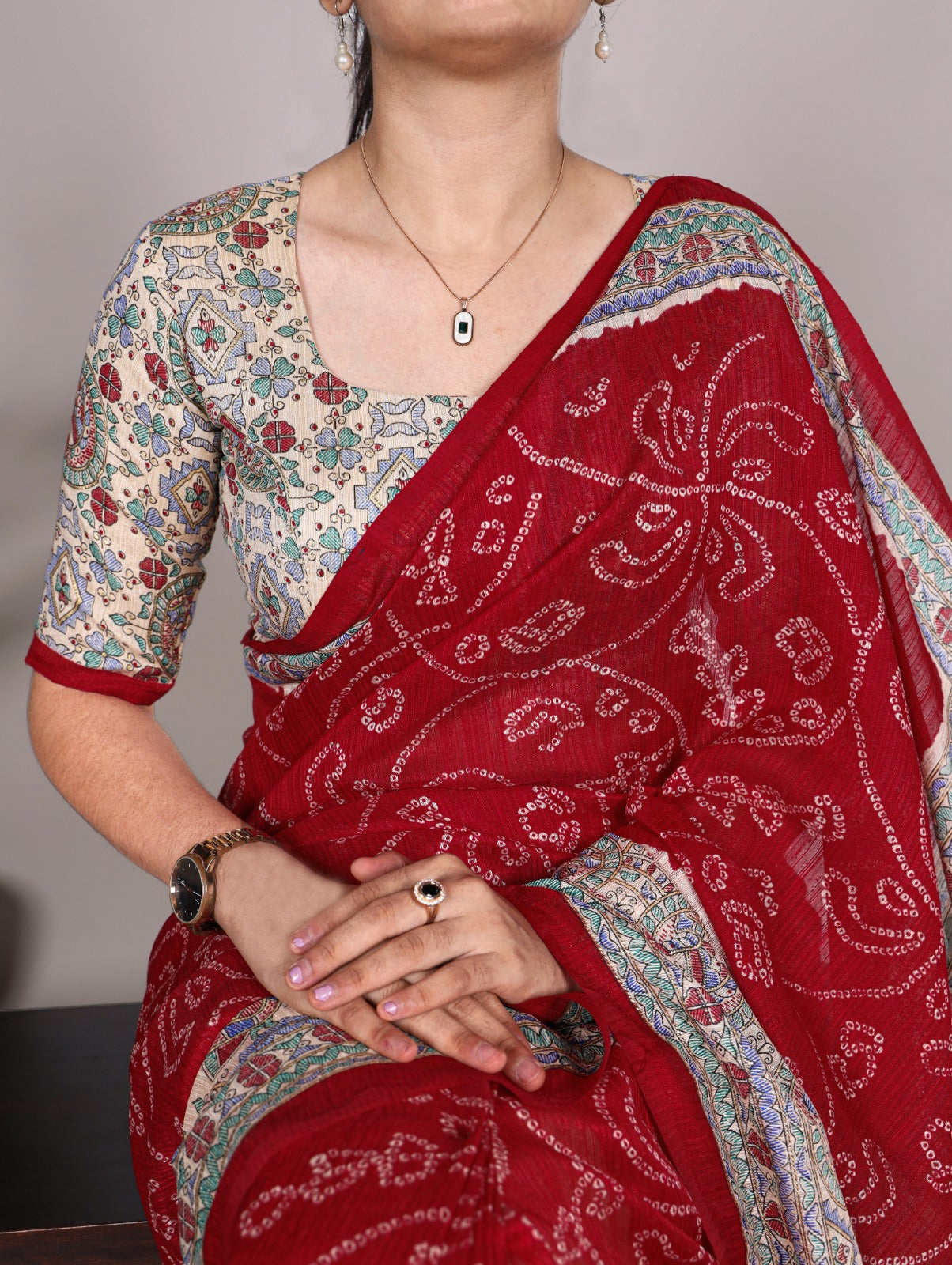 Kayatri New Elegant Green Silk Saree with Madhubani & Bandhej Fusion Print