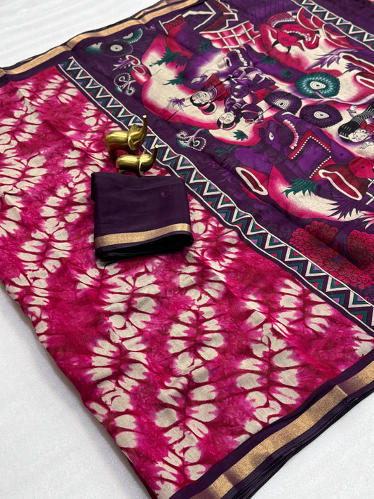 Kayatri New Traditional Mangalagiri Silk Saree with Kalamkari Pallu & Contrast Blouse