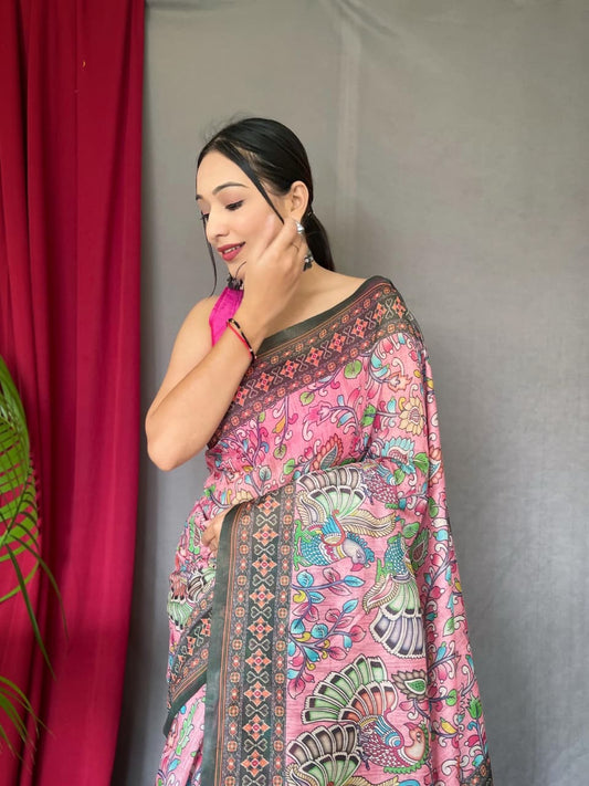 Kayatri New Pure Malai Cotton Saree with Kalamkari Digital Print & Contrast Pallu