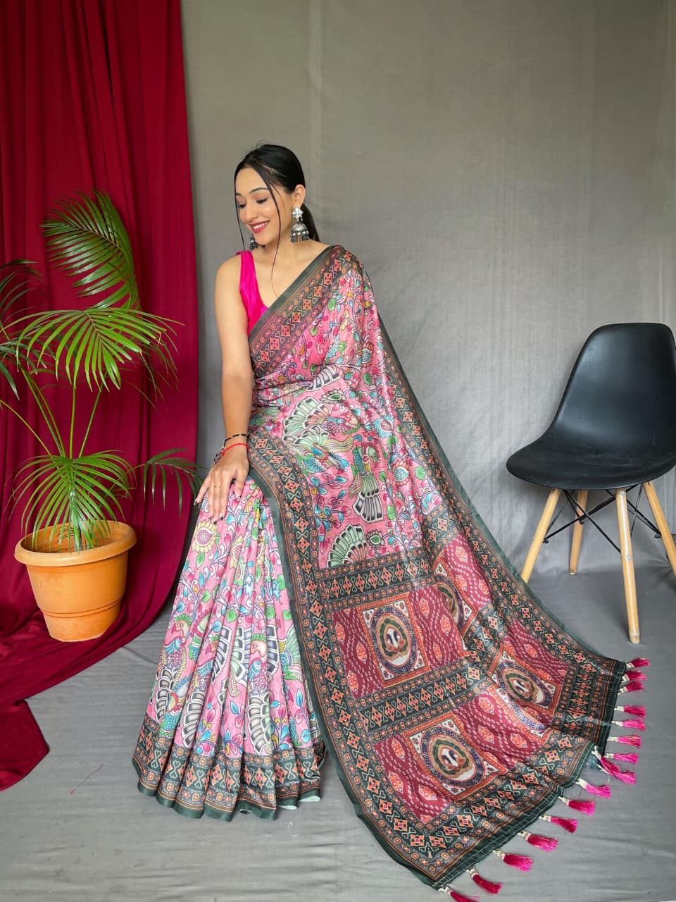 Kayatri New Pure Malai Cotton Saree with Kalamkari Digital Print & Contrast Pallu