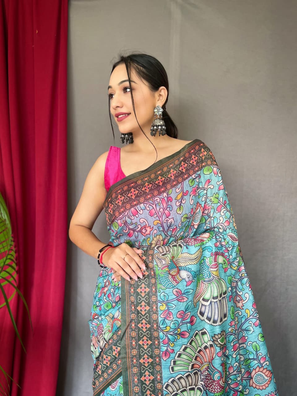 Kayatri New Pure Malai Cotton Saree with Kalamkari Digital Print & Contrast Pallu
