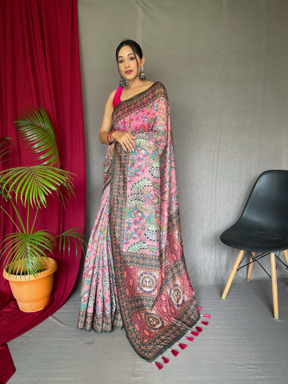 Kayatri New Pure Malai Cotton Saree with Kalamkari Digital Print & Contrast Pallu