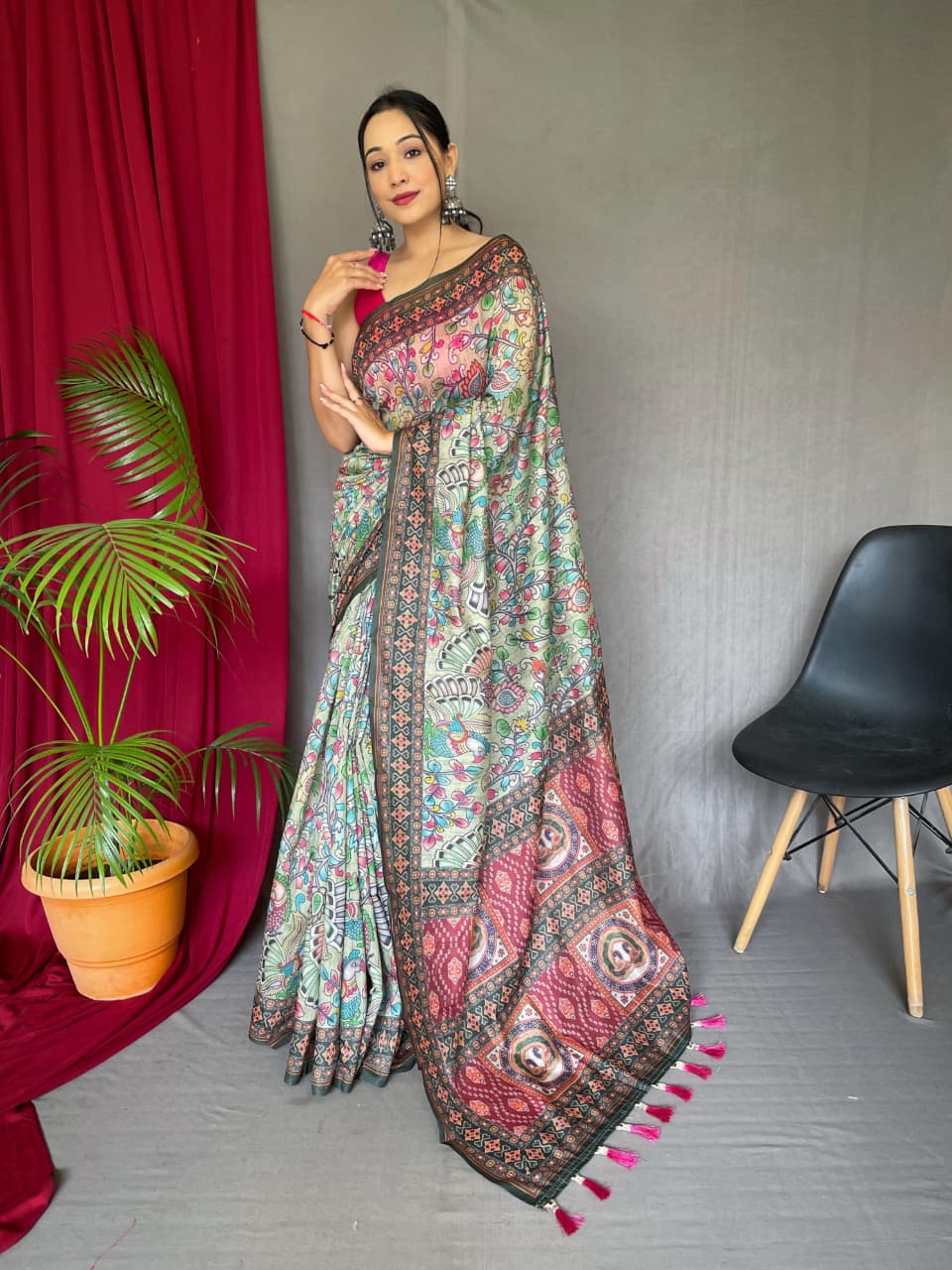 Kayatri New Pure Malai Cotton Saree with Kalamkari Digital Print & Contrast Pallu
