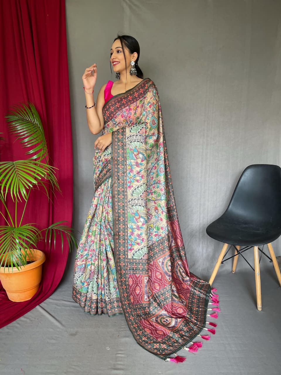 Kayatri New Pure Malai Cotton Saree with Kalamkari Digital Print & Contrast Pallu