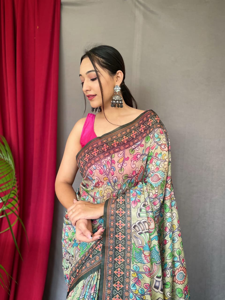 Kayatri New Pure Malai Cotton Saree with Kalamkari Digital Print & Contrast Pallu