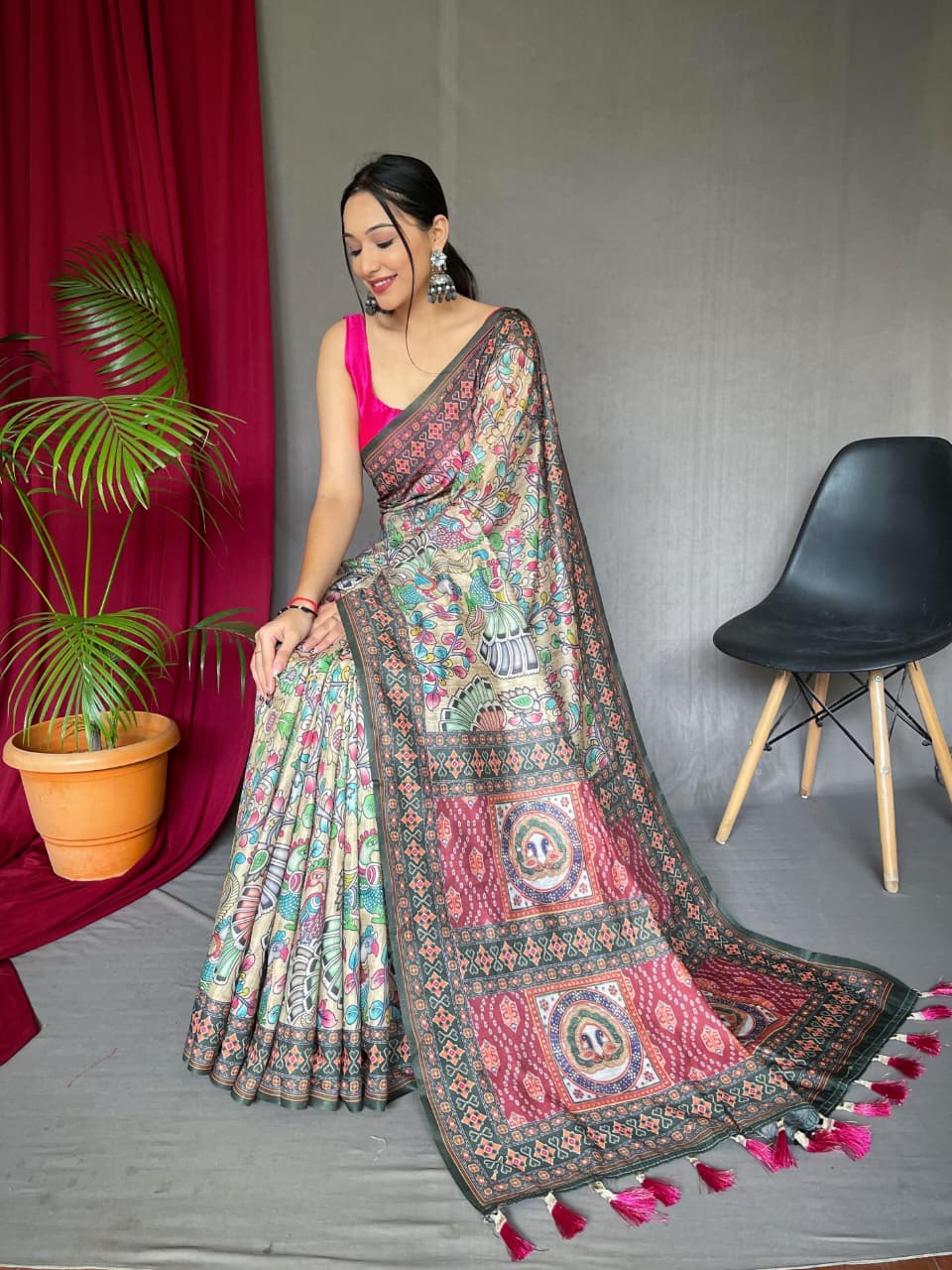Kayatri New Pure Malai Cotton Saree with Kalamkari Digital Print & Contrast Pallu