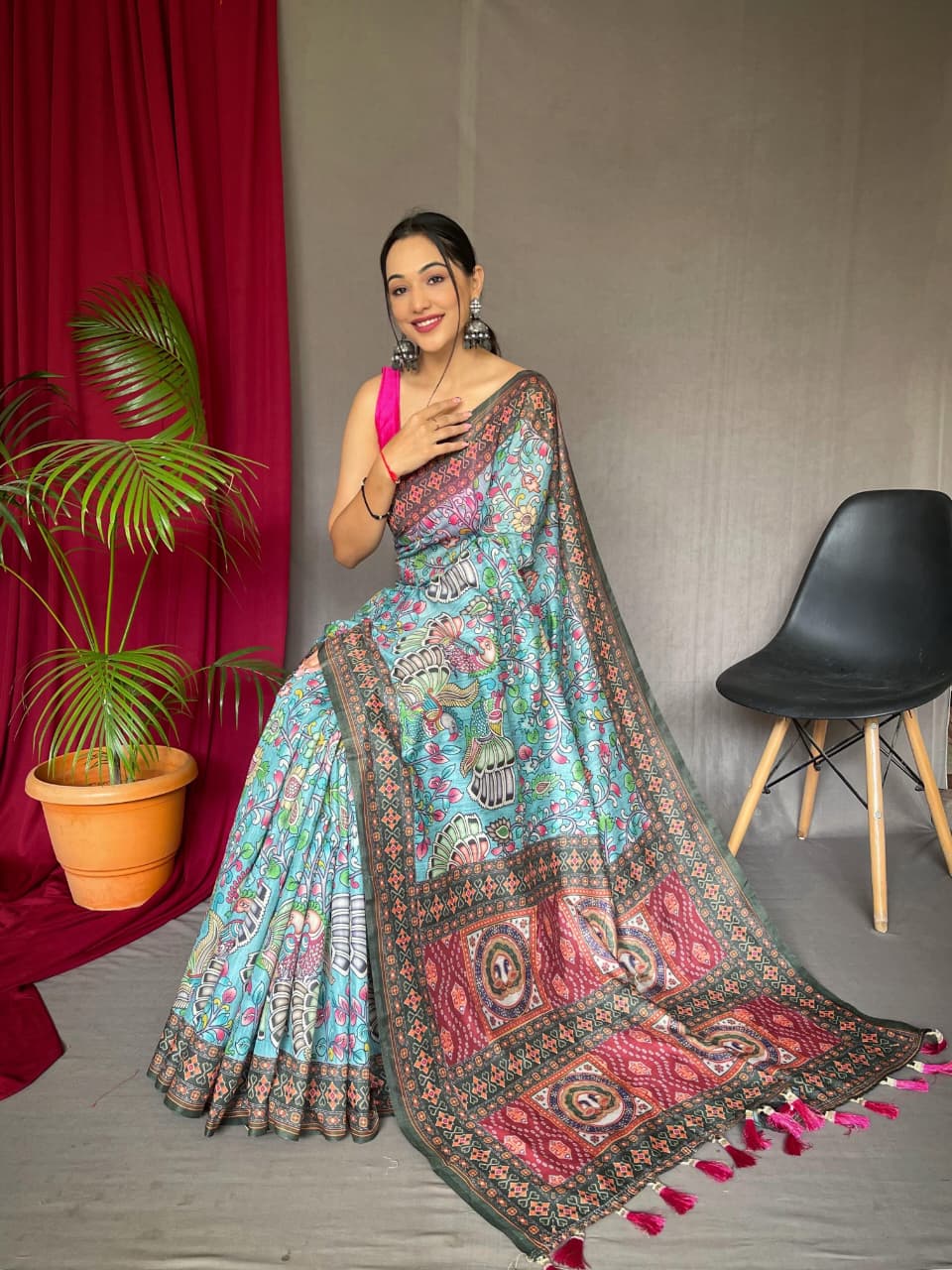 Kayatri New Pure Malai Cotton Saree with Kalamkari Digital Print & Contrast Pallu
