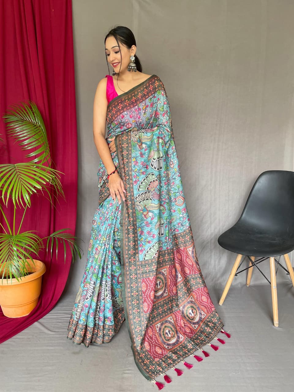 Kayatri New Pure Malai Cotton Saree with Kalamkari Digital Print & Contrast Pallu