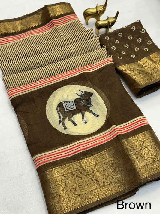 Kayatri New Soft Benny Cotton Saree with Allover Kalamkari Print & Jacquard Border