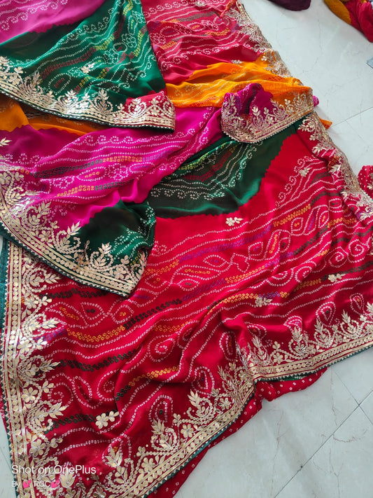 Kayatri New Premium Georgette Moss Pachrangi Saree with Hand Gotta Patti Work