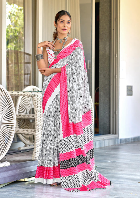 Kayatri New Pure Mulmul Cotton White & Pink Hand Block Print Saree with Running Blouse