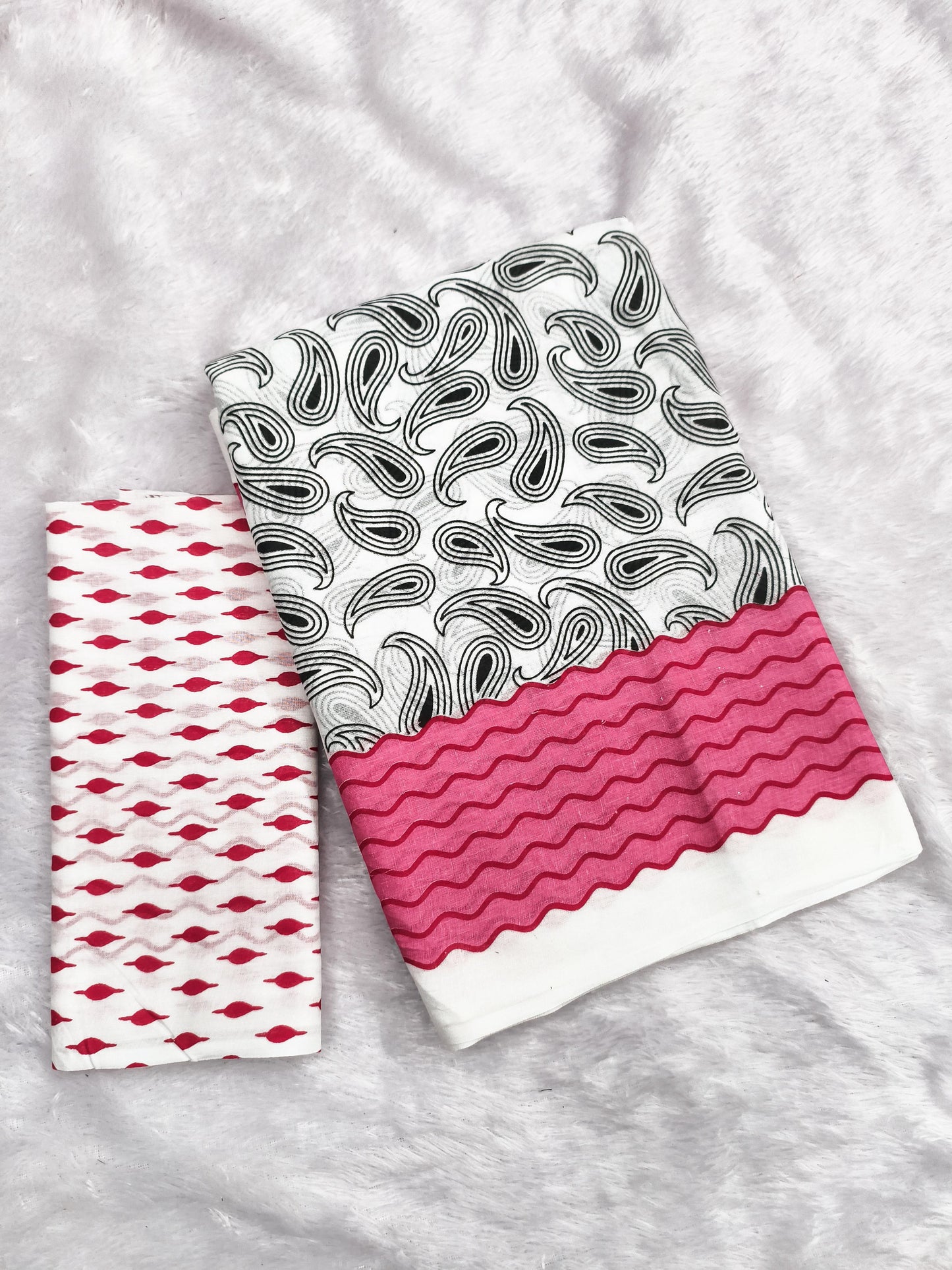 Kayatri New Pure Mulmul Cotton White & Pink Hand Block Print Saree with Running Blouse