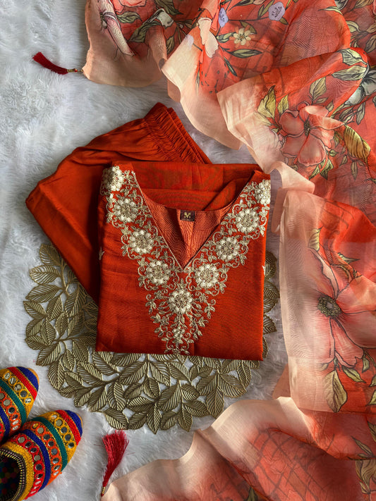 Kayatri New Designer Ethnic Set Embroidered Roman Silk Kurti with Pant & Dupatta