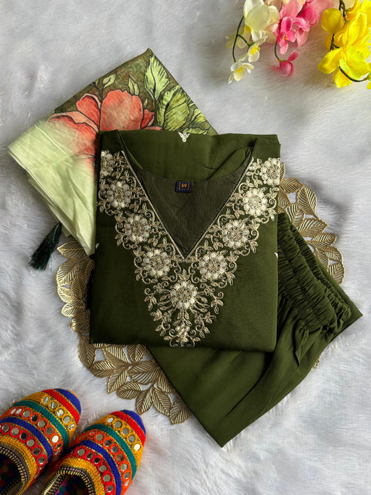 Kayatri New Festive Designer Kurti Set Roman Silk Kurti with Pant & Cotton Silk Dupatta