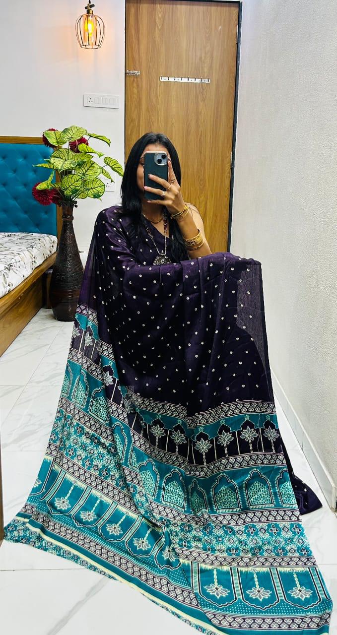 Kayatri New Premium Semi Gaji Ajrakh Bandhej Gajji Silk Saree