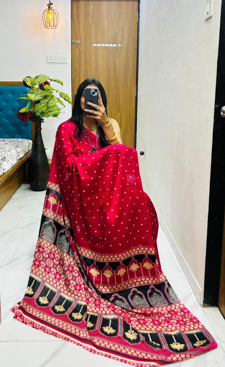 Kayatri New Premium Semi Gaji Ajrakh Bandhej Gajji Silk Saree