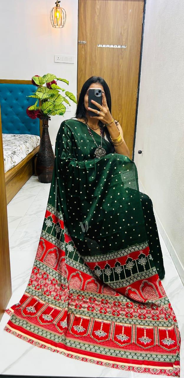 Kayatri New Premium Semi Gaji Ajrakh Bandhej Gajji Silk Saree