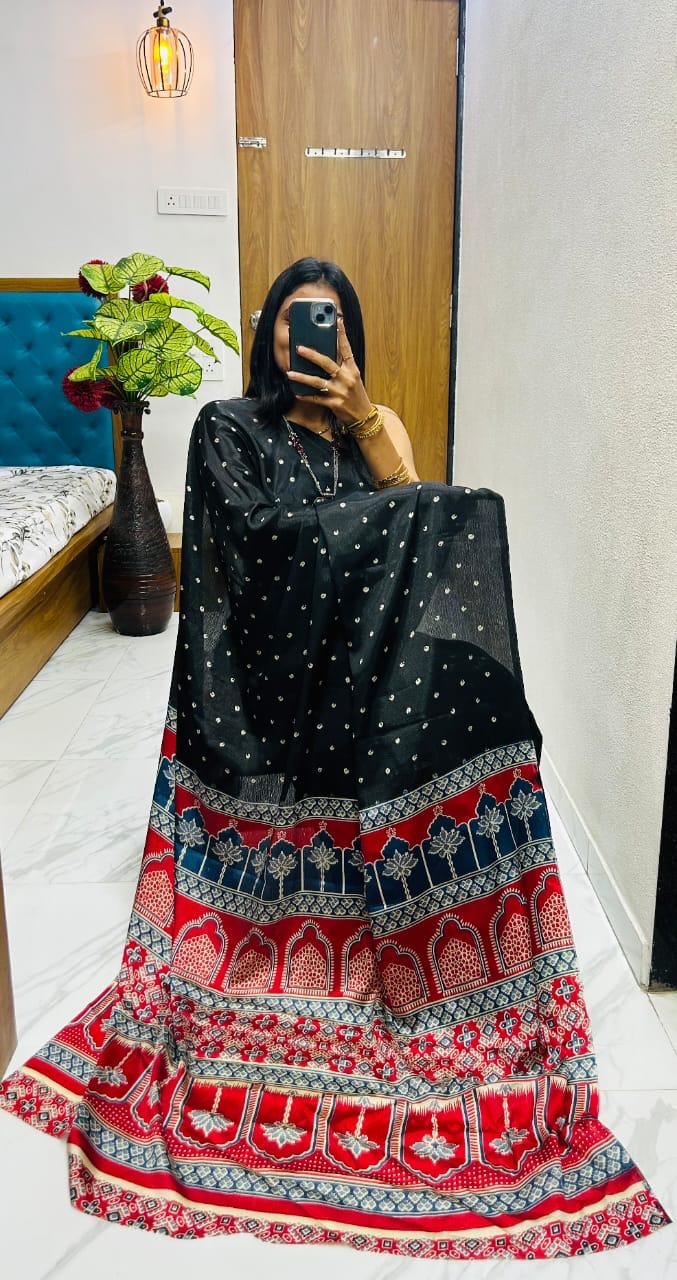 Kayatri New Premium Semi Gaji Ajrakh Bandhej Gajji Silk Saree