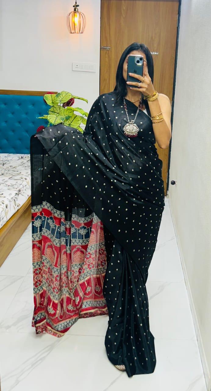 Kayatri New Premium Semi Gaji Ajrakh Bandhej Gajji Silk Saree