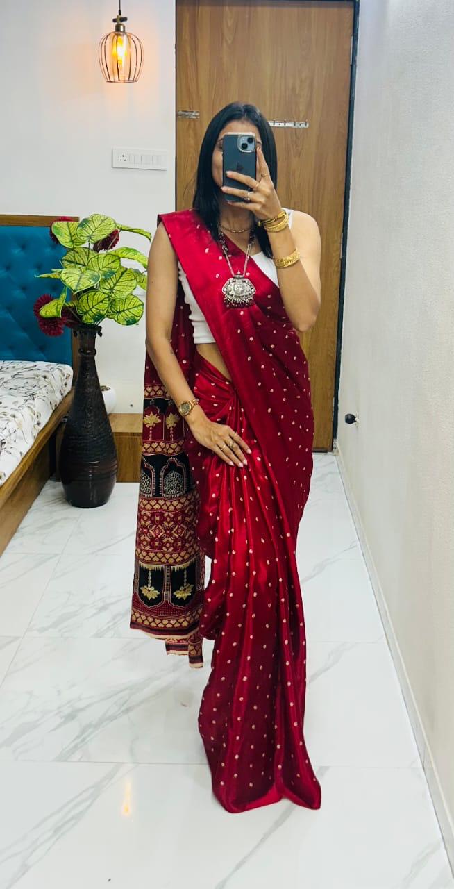 Kayatri New Premium Semi Gaji Ajrakh Bandhej Gajji Silk Saree