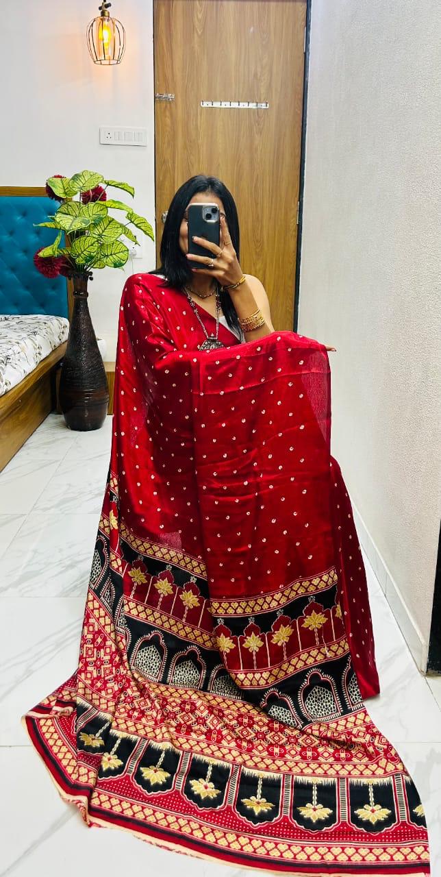 Kayatri New Premium Semi Gaji Ajrakh Bandhej Gajji Silk Saree