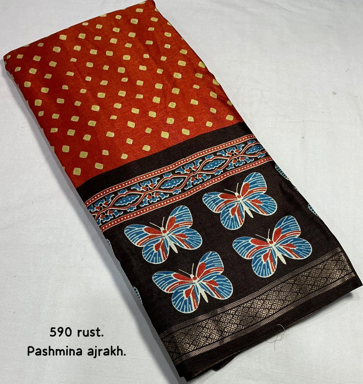 Kayatri New Fancy Ajrakh Pashmina Saree with Zari Pattu Border