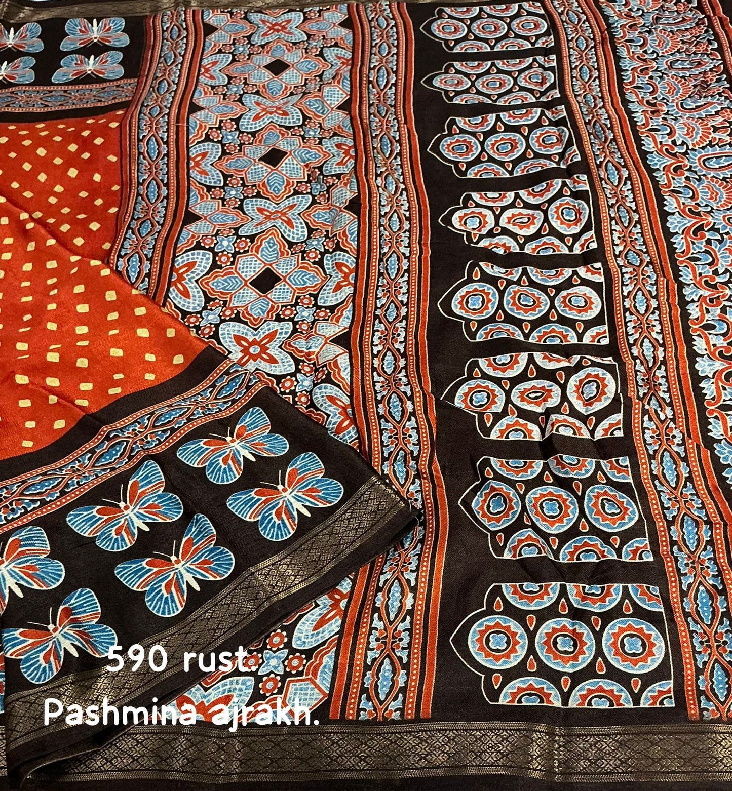 Kayatri New Fancy Ajrakh Pashmina Saree with Zari Pattu Border