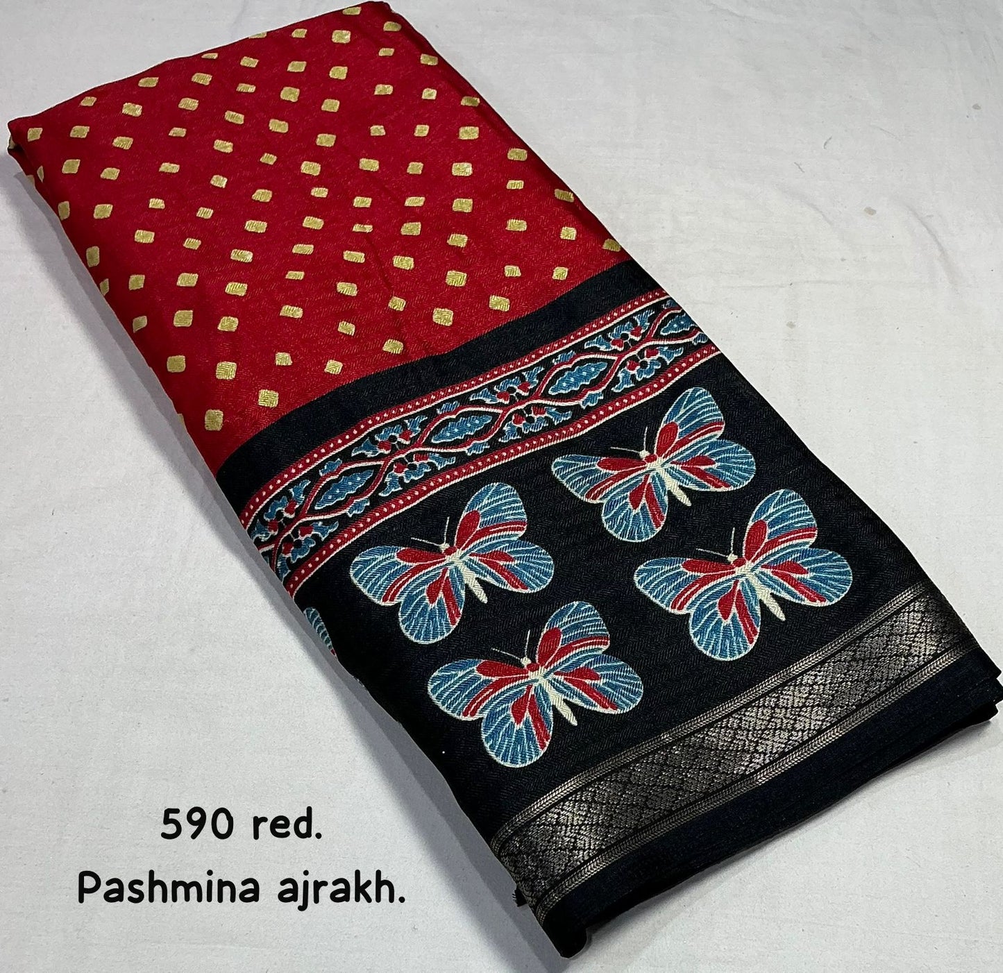 Kayatri New Fancy Ajrakh Pashmina Saree with Zari Pattu Border