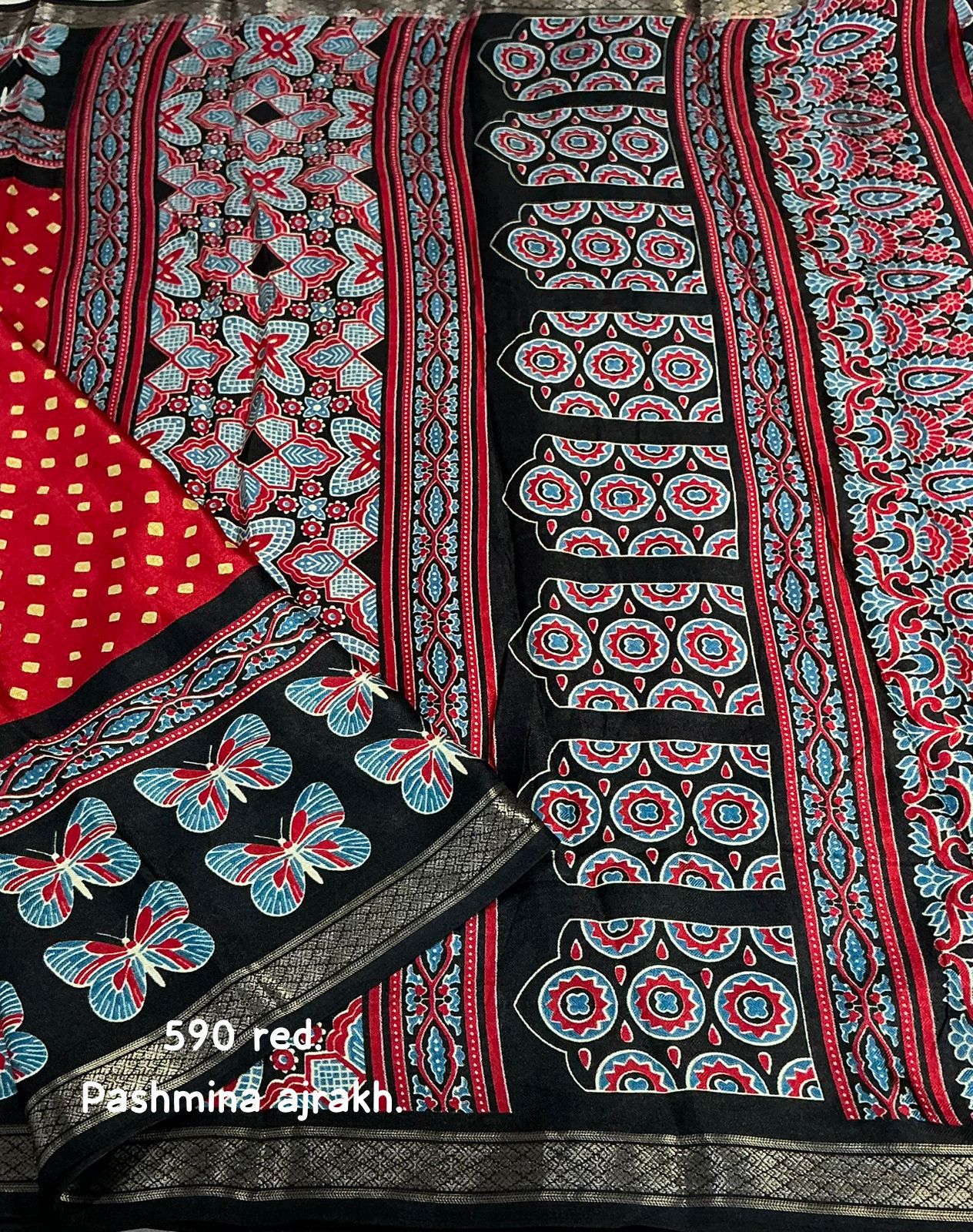Kayatri New Fancy Ajrakh Pashmina Saree with Zari Pattu Border