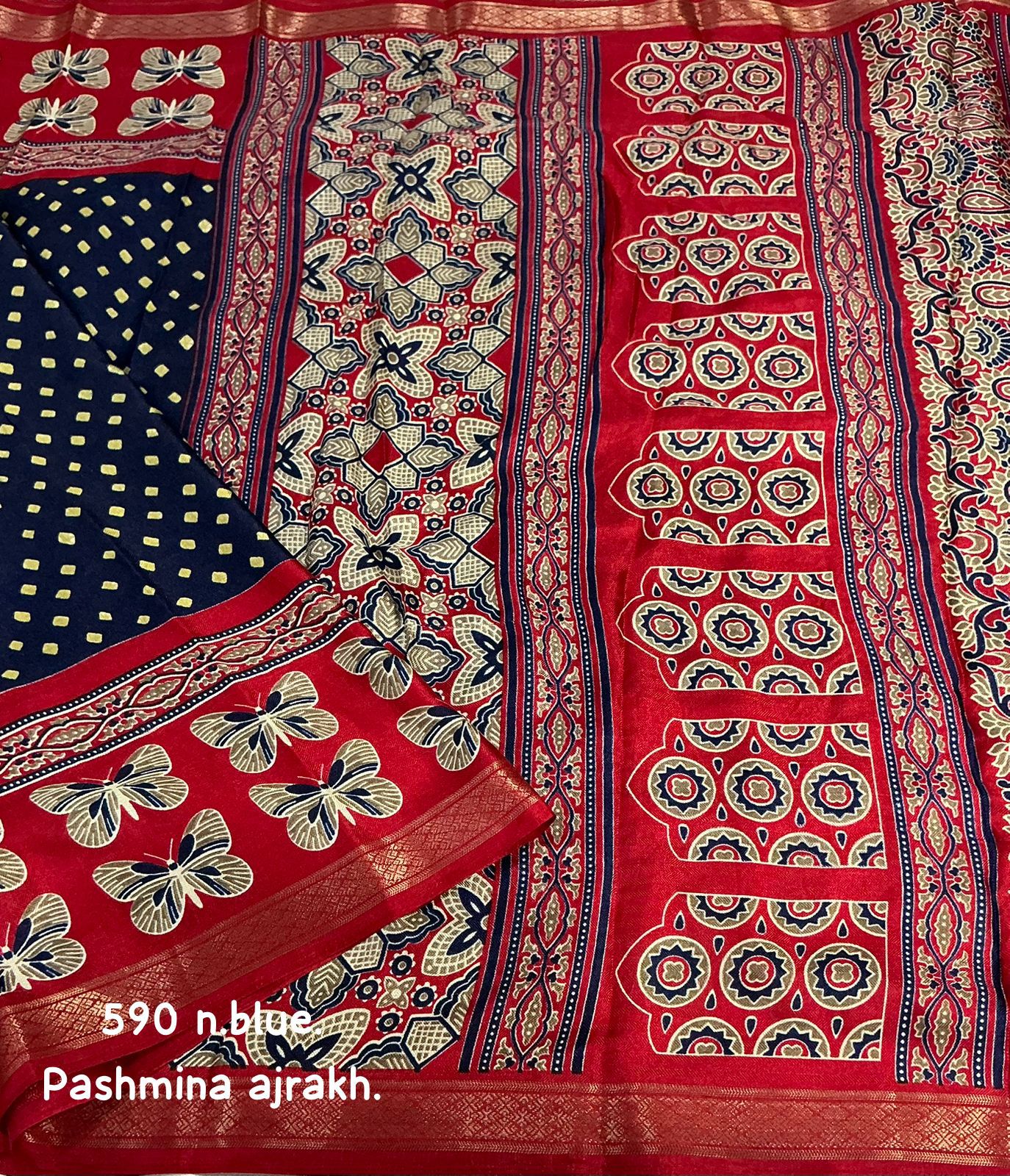 Kayatri New Fancy Ajrakh Pashmina Saree with Zari Pattu Border