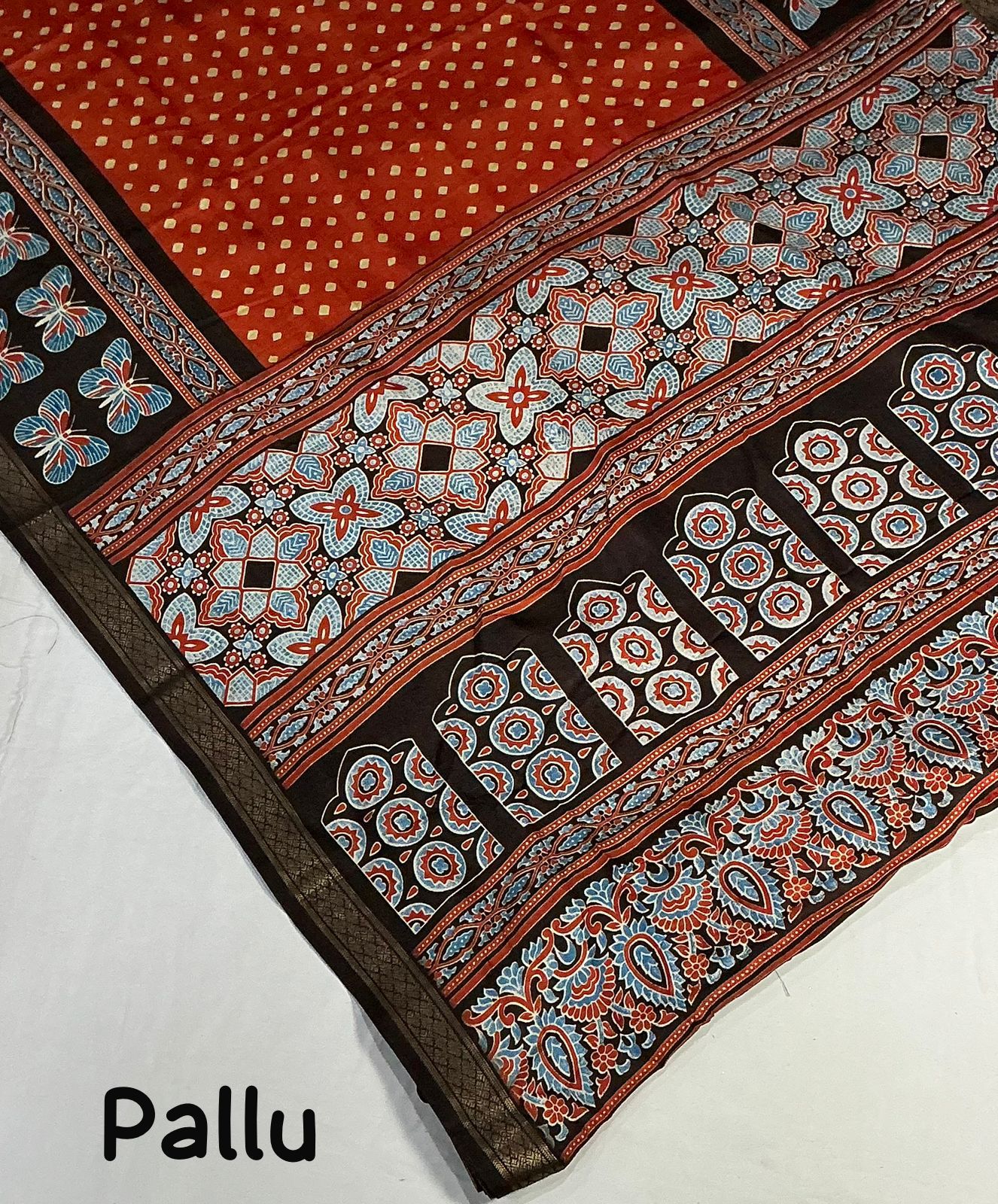 Kayatri New Fancy Ajrakh Pashmina Saree with Zari Pattu Border