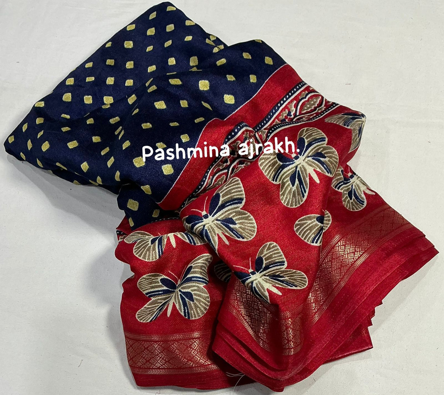 Kayatri New Fancy Ajrakh Pashmina Saree with Zari Pattu Border