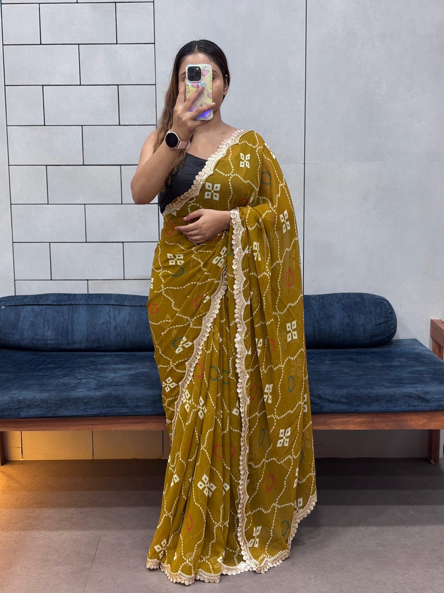 Kayatri New Soft Georgette Saree with Leheriya Print & Sequins Embroidery Lace