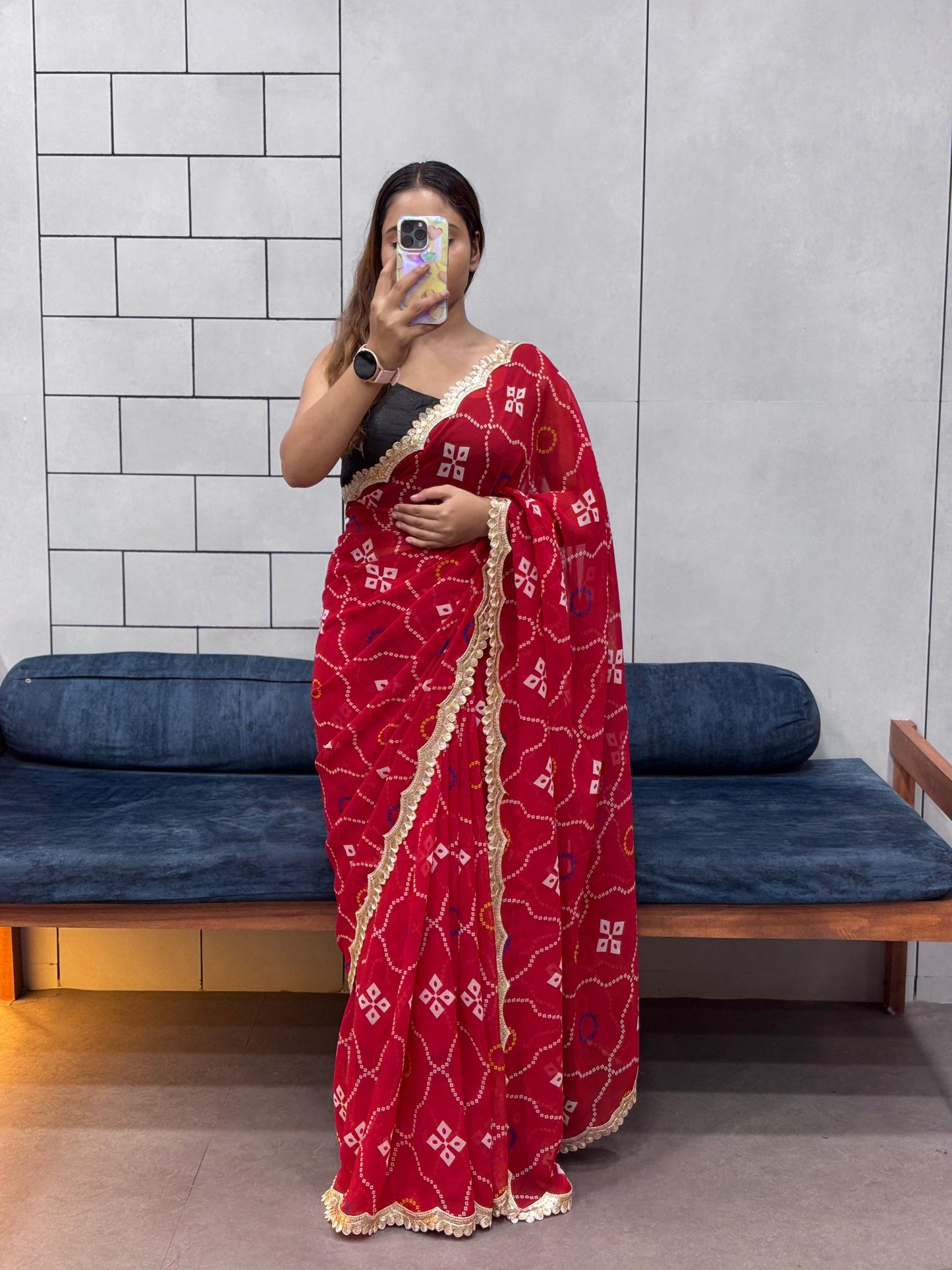 Kayatri New Soft Georgette Saree with Leheriya Print & Sequins Embroidery Lace