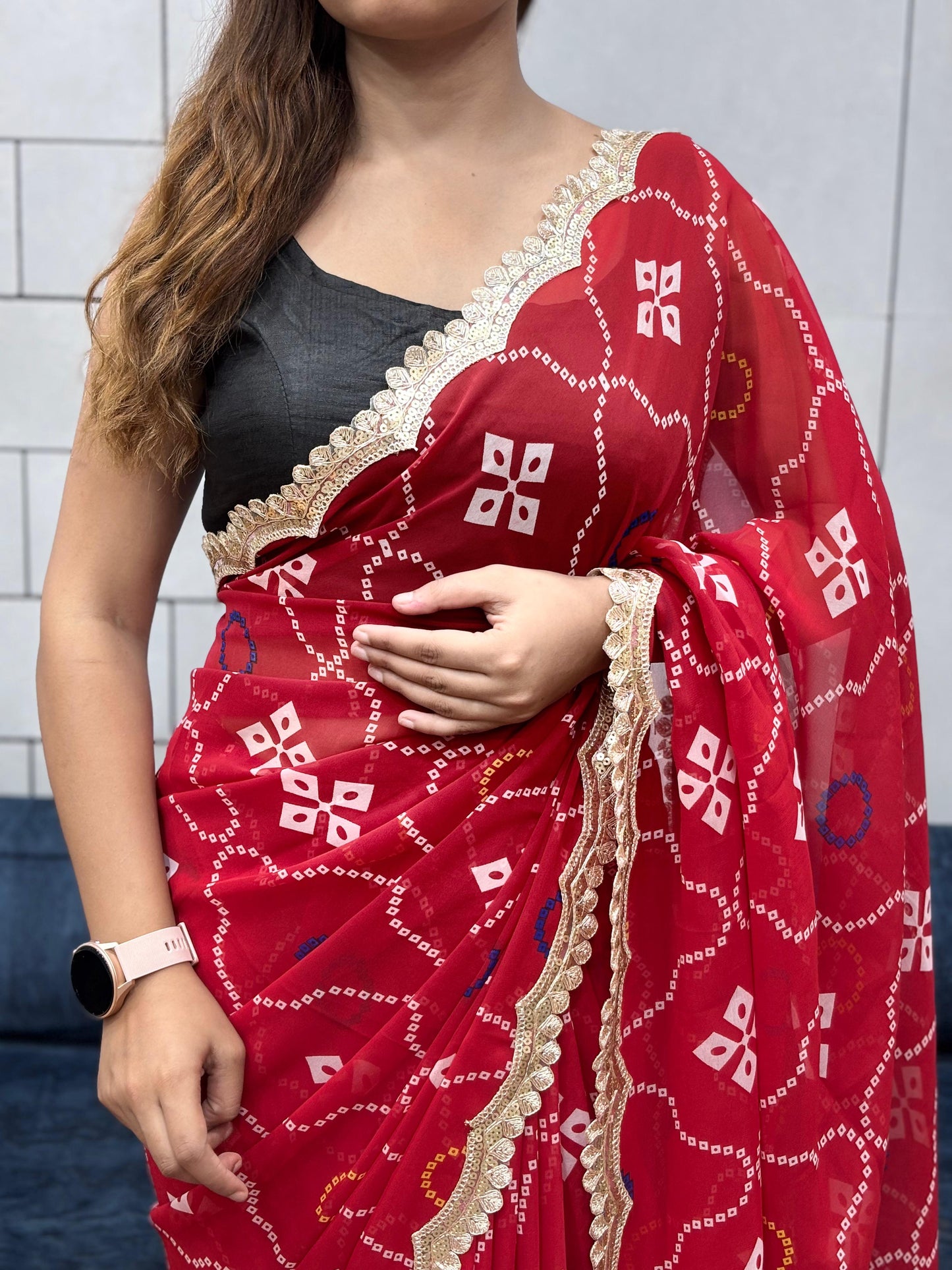 Kayatri New Soft Georgette Saree with Leheriya Print & Sequins Embroidery Lace